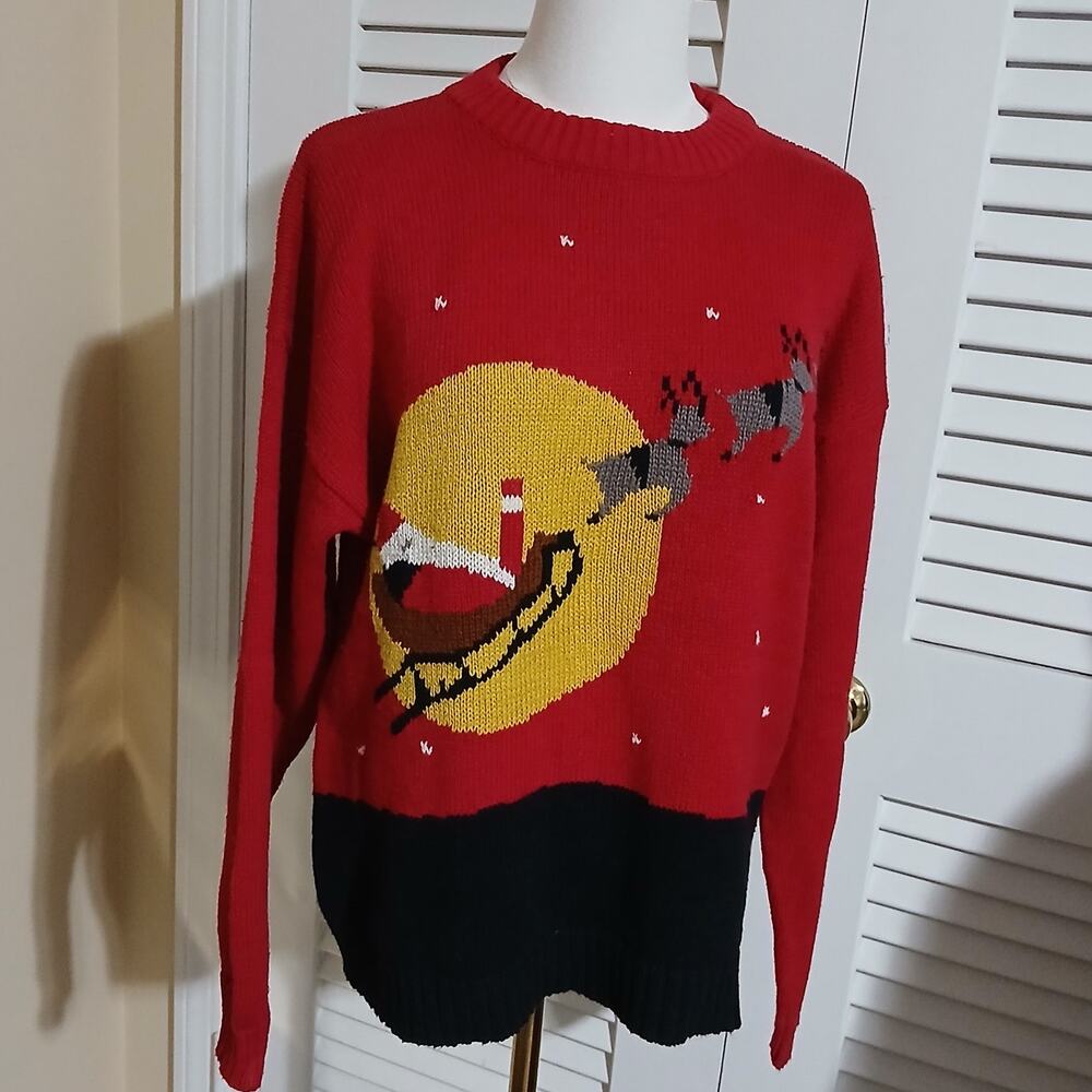 VTG AVON Fashions Women's Med Santa w/Sleigh Sweater Red/Black Ribbed Crew Neck